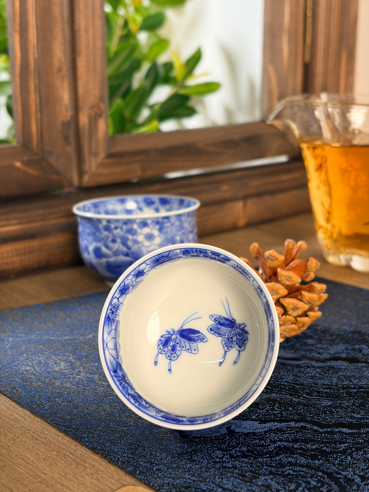 "Butterflies Amidst Flowers" Blue and White Tea Tasting Cup       60ml   -Jingdezhen porcelain